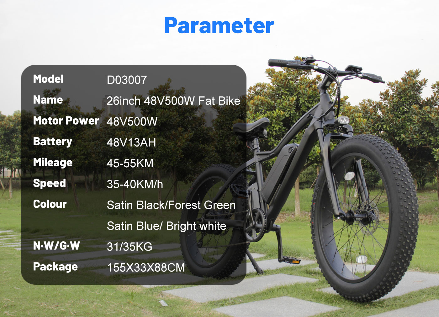 paramet of 26 Inch 48v 500w electric bike for sale